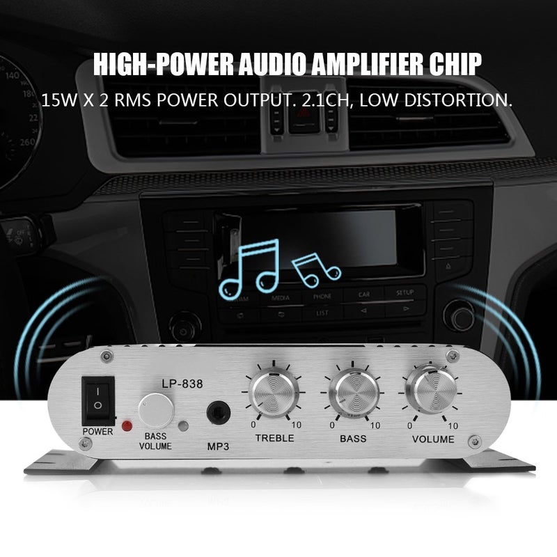 Fydun Mini HiFi 2.1, Car Home Audio Power Amplifier 838 Stereo Bass Auto Mini Amplifier for Digital Amp Silver (Black) - Image 4